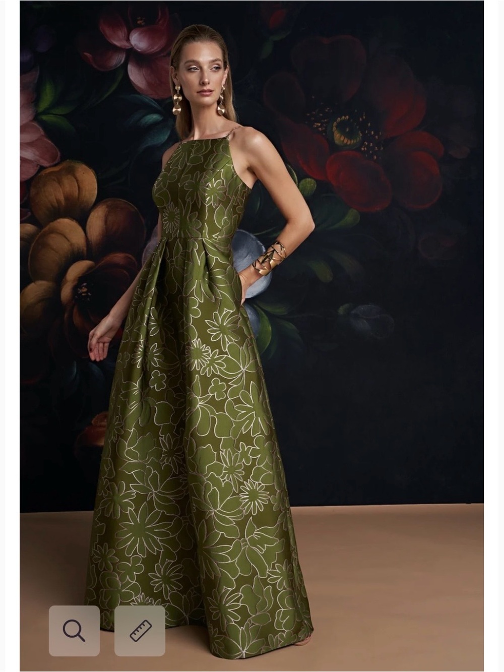 NWT Kay Unger Jada Jacquard Halter Neck Gown Green Floral Size 4